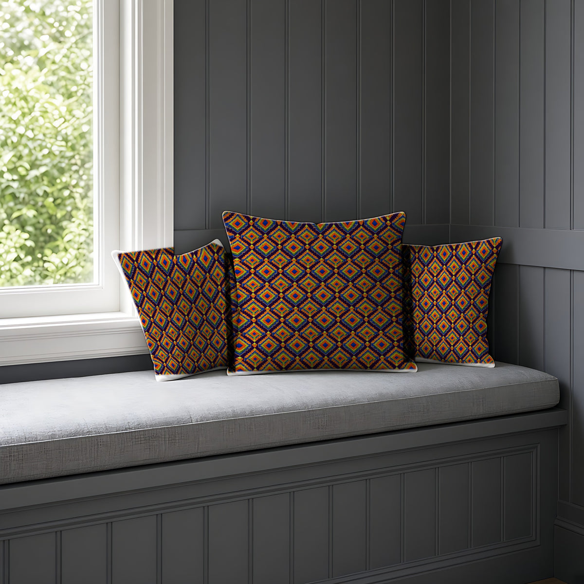 Stepped Diamond Ikat Faux Suede Cushion on a window seat