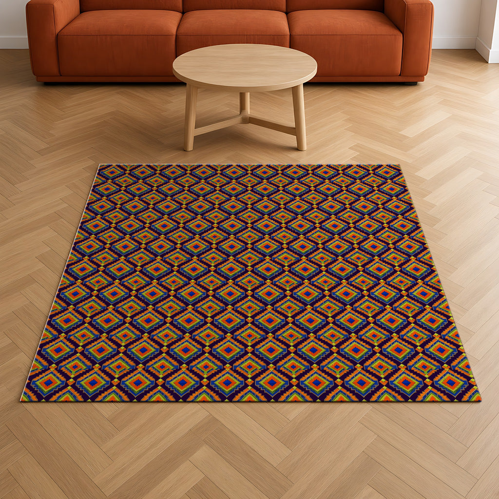 Stepped Diamond Ikat Outdoor Rug on a herringbone wood floor in a living room