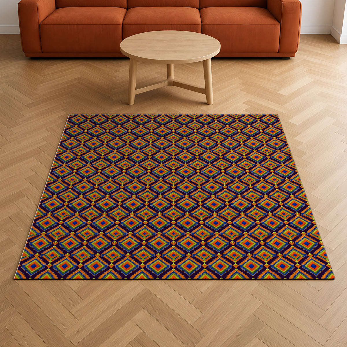 Stepped Diamond Ikat Outdoor Rug on a herringbone wood floor in a living room