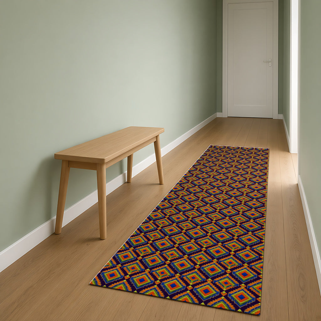 Stepped Diamond Ikat Outdoor Rug as a runner in a sage-green hallway