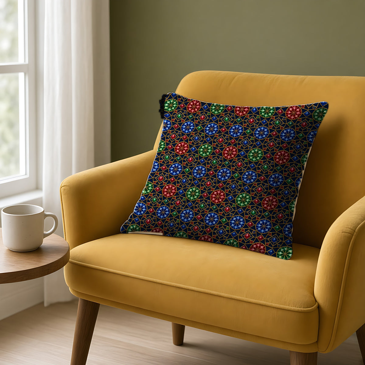 Gem Facet Medallions Faux Suede Cushion on a mustard armchair by a window