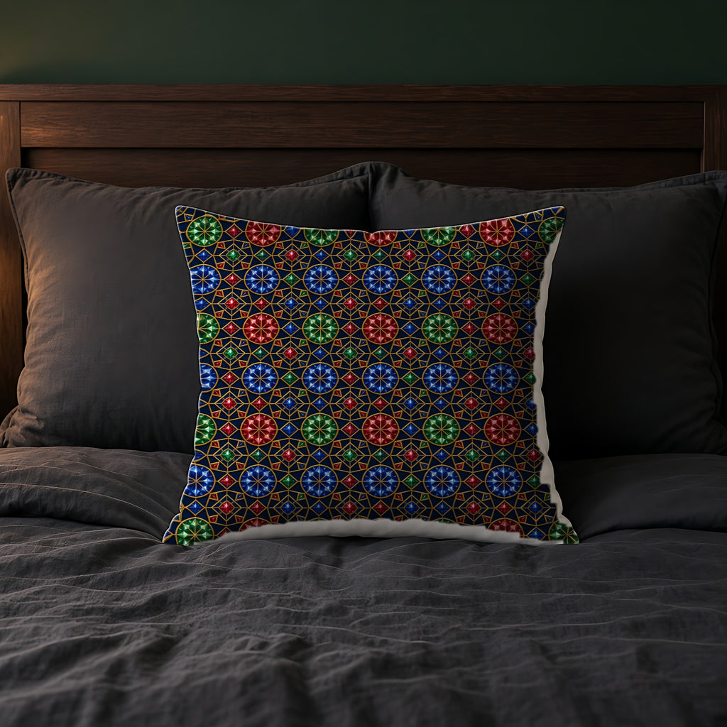 Gem Facet Medallions Faux Suede Cushion on a bed with charcoal bedding