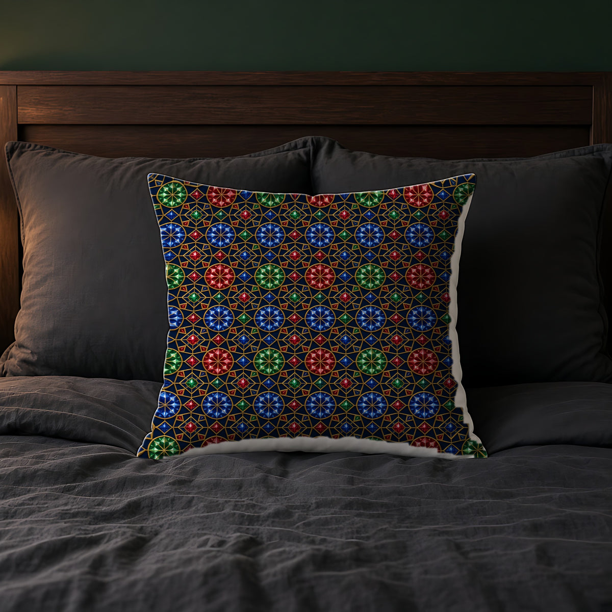 Gem Facet Medallions Faux Suede Cushion on a bed with charcoal bedding