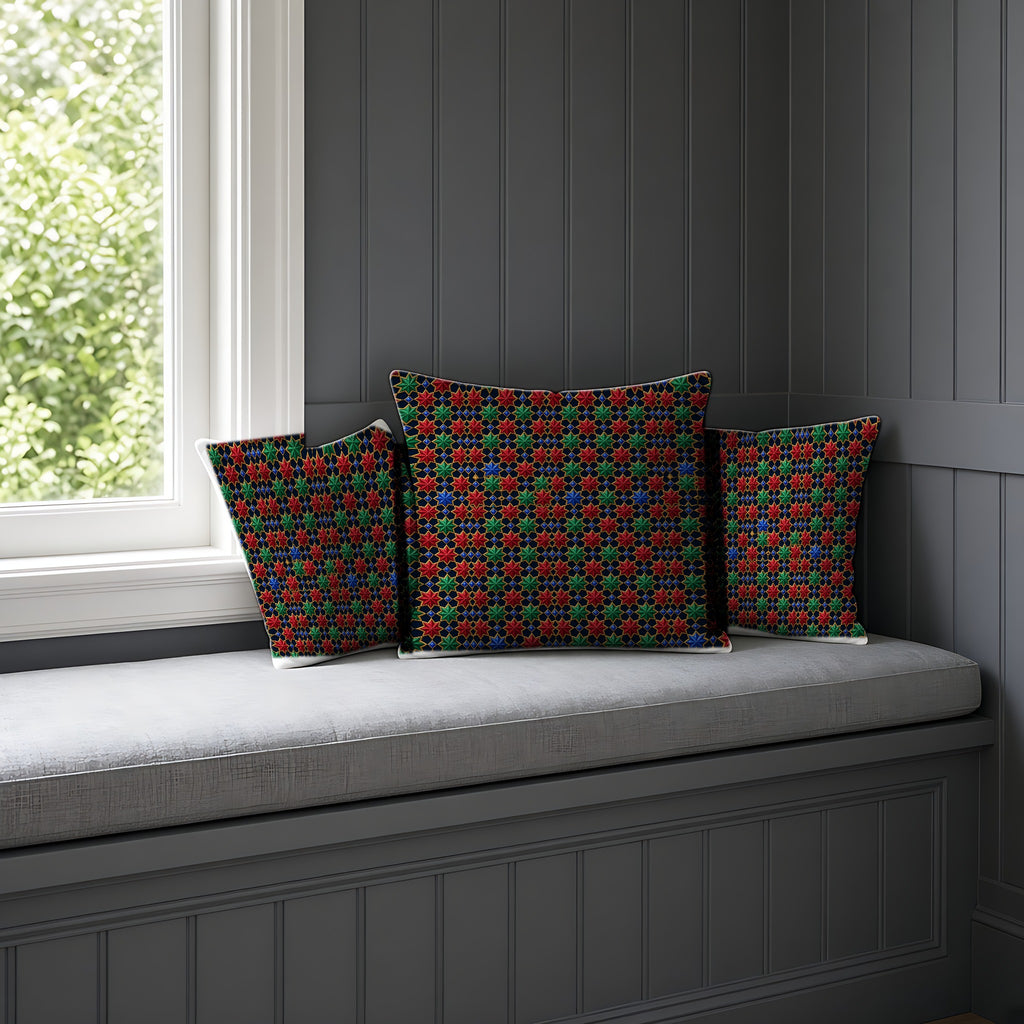 Interlocking Jewel Stars Faux Suede Cushion on a window seat