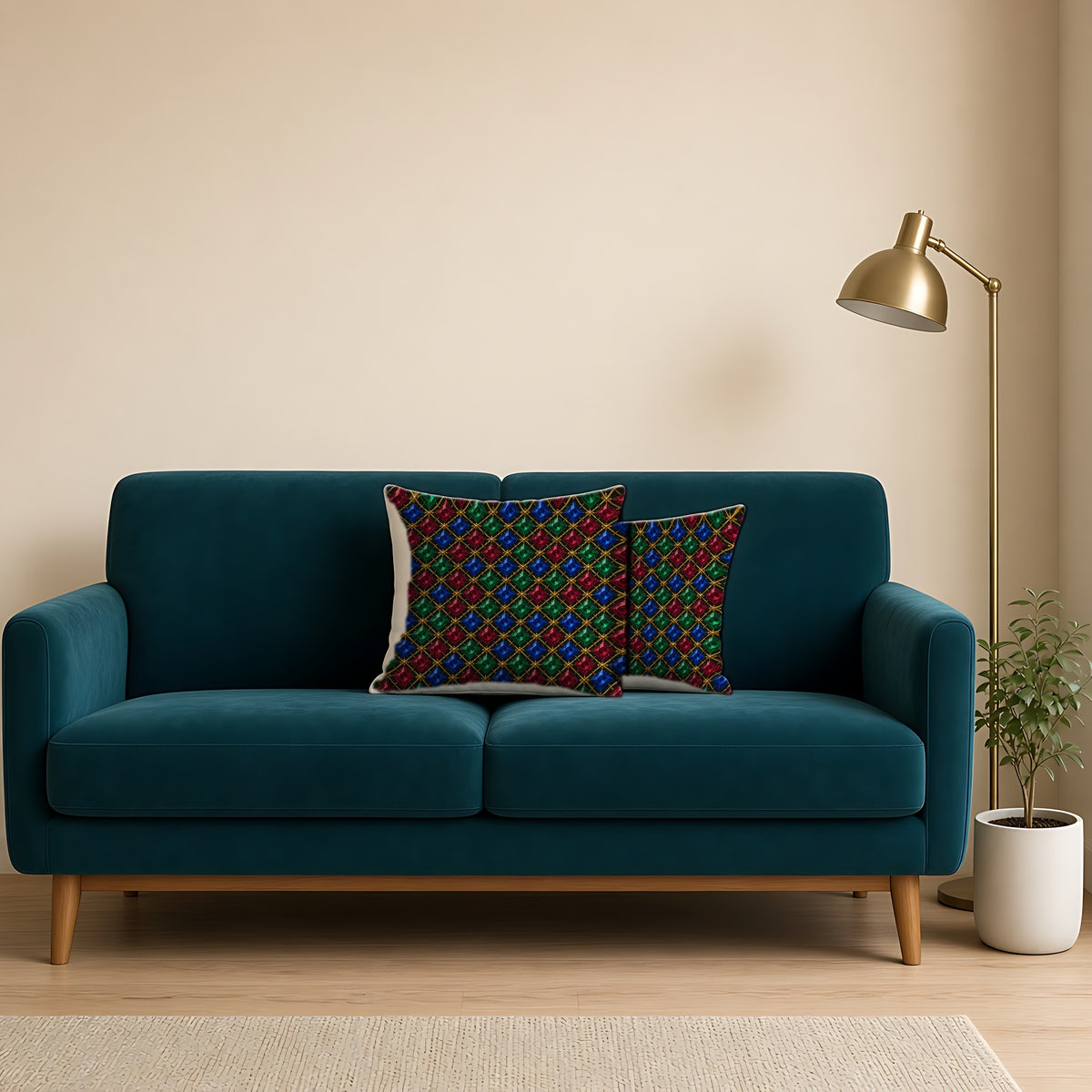 Prismatic Diamond Lattice Faux Suede Cushion on a teal velvet sofa