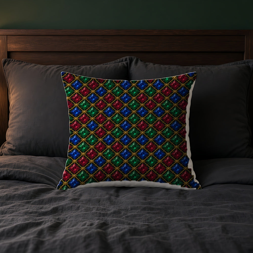Prismatic Diamond Lattice Faux Suede Cushion on a bed with charcoal bedding