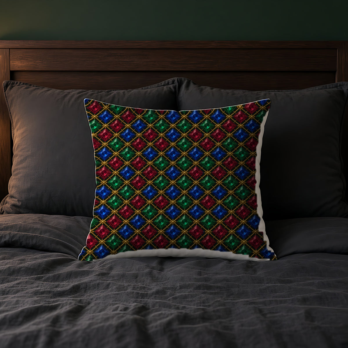 Prismatic Diamond Lattice Faux Suede Cushion on a bed with charcoal bedding