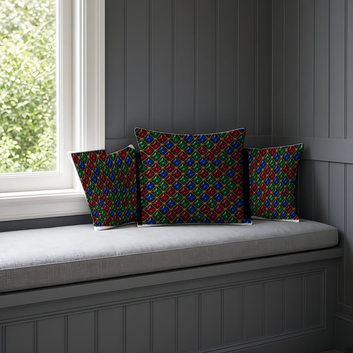 Prismatic Diamond Lattice Faux Suede Cushion on a window seat
