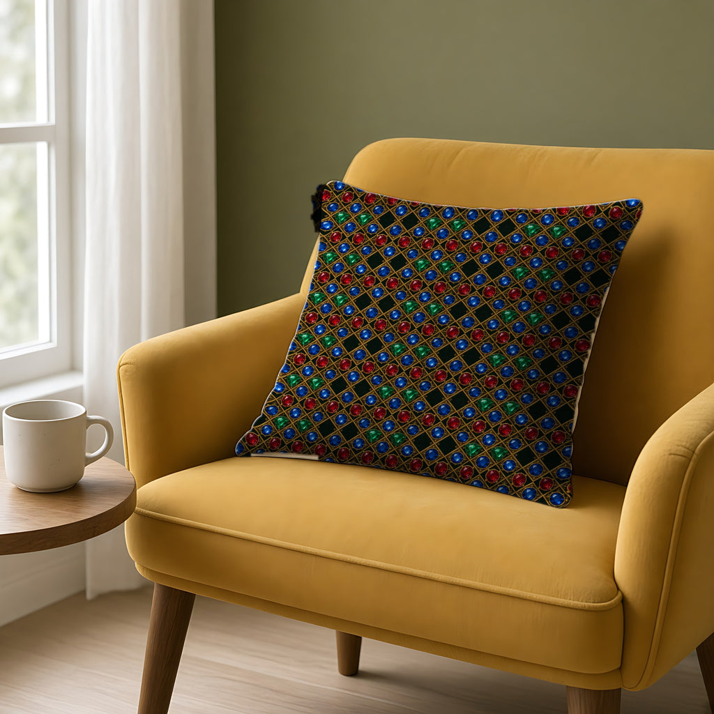 Gold Filigree Cabochons Faux Suede Cushion on a mustard armchair by a window