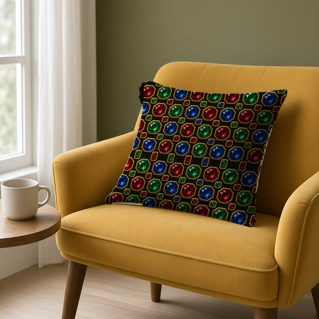 Jewelled Octagon Tiles Faux Suede Cushion on a mustard armchair by a window