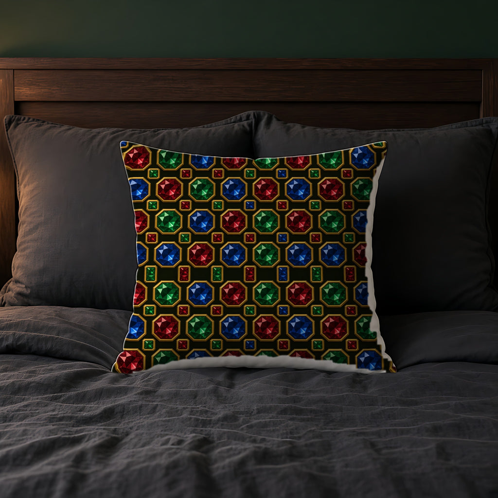 Jewelled Octagon Tiles Faux Suede Cushion on a bed with charcoal bedding
