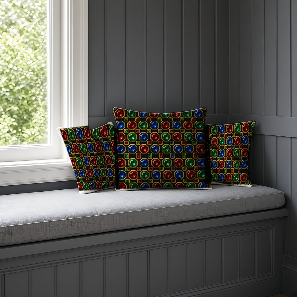 Jewelled Octagon Tiles Faux Suede Cushion on a window seat
