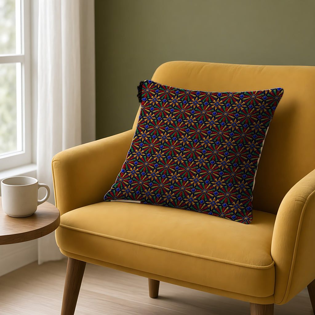 Radial Gem Burst Faux Suede Cushion on a mustard armchair by a window