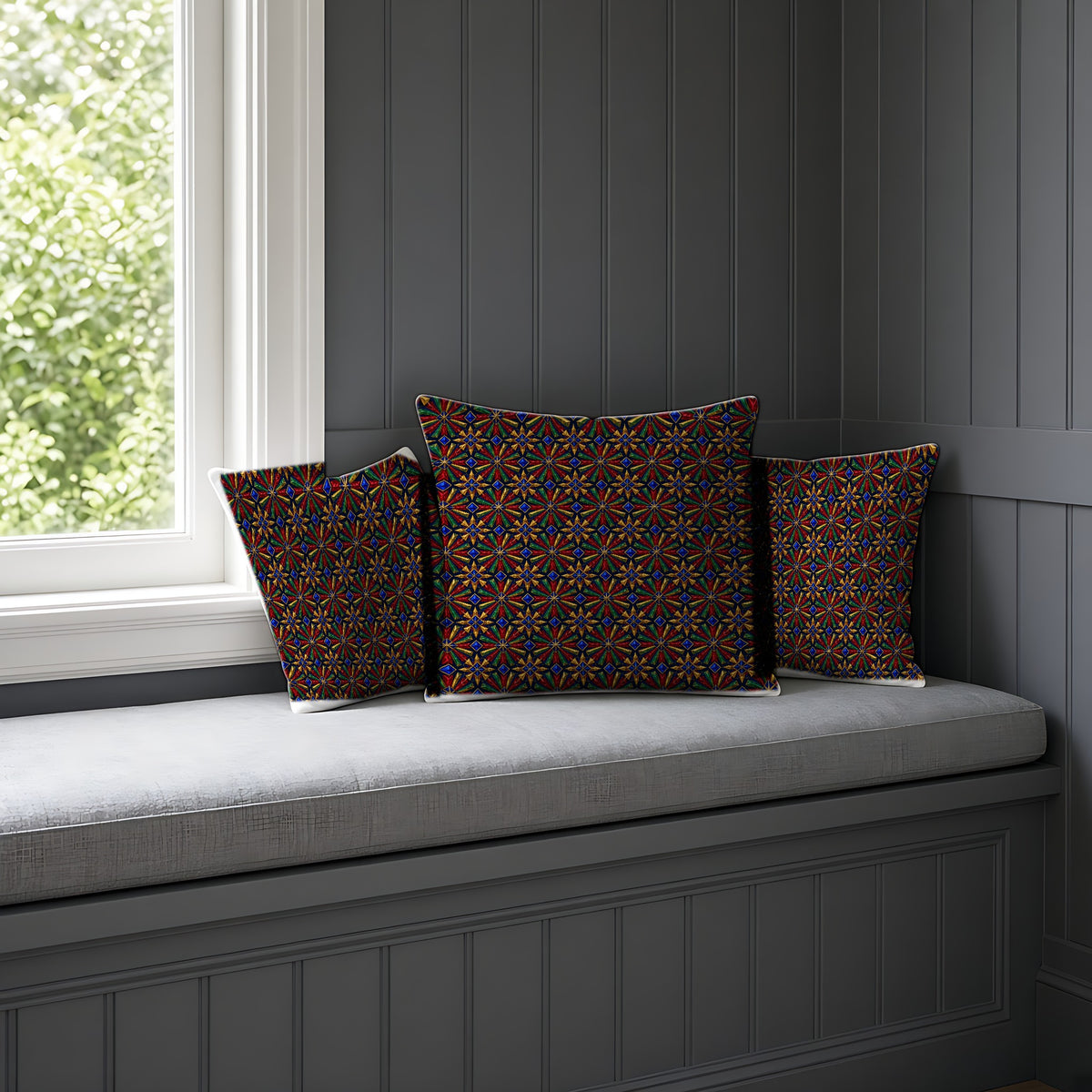 Radial Gem Burst Faux Suede Cushion on a window seat