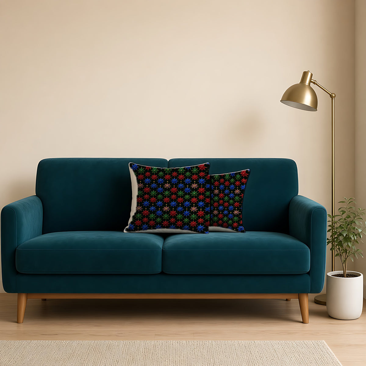 Faceted Crystal Stars Faux Suede Cushion on a teal velvet sofa