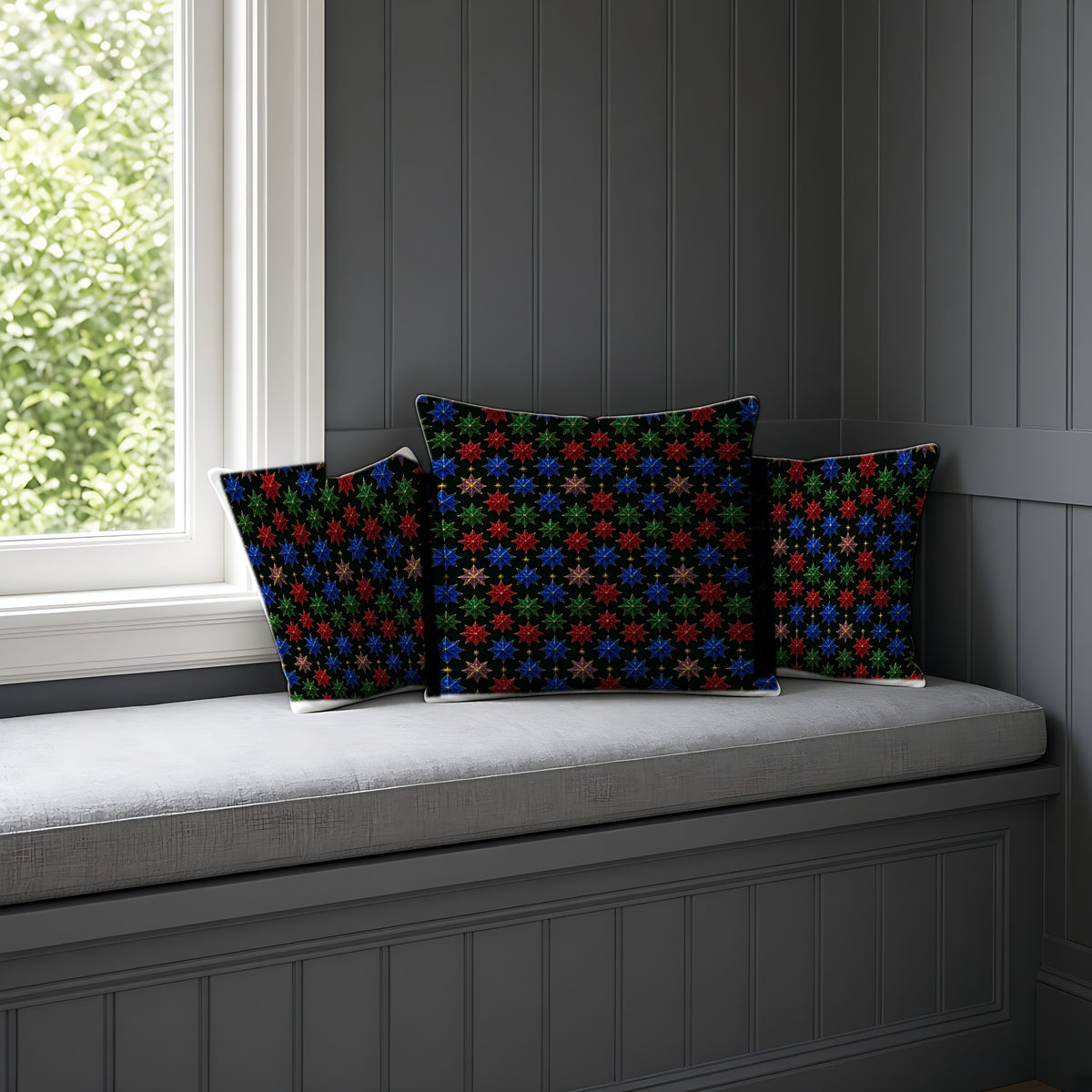 Faceted Crystal Stars Faux Suede Cushion on a window seat
