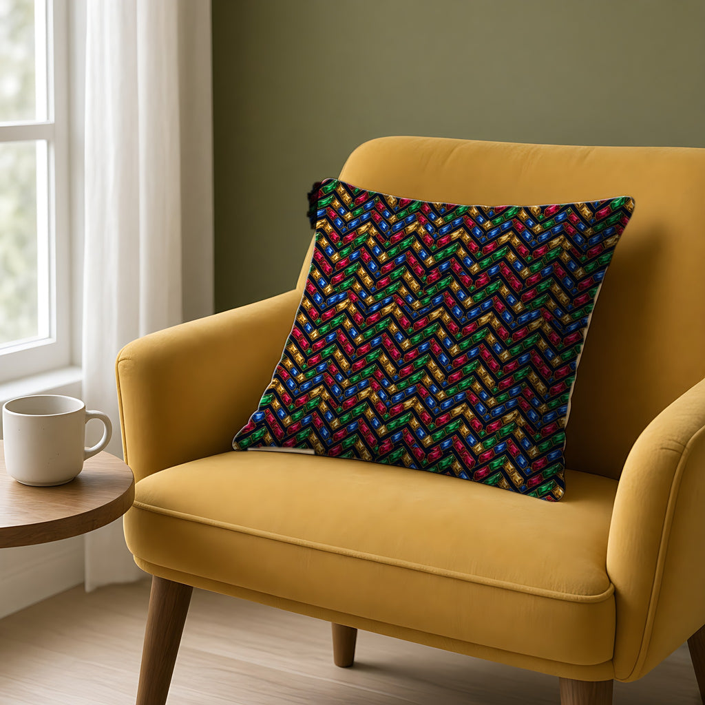 Cut-Gem Chevrons Faux Suede Cushion on a mustard armchair by a window