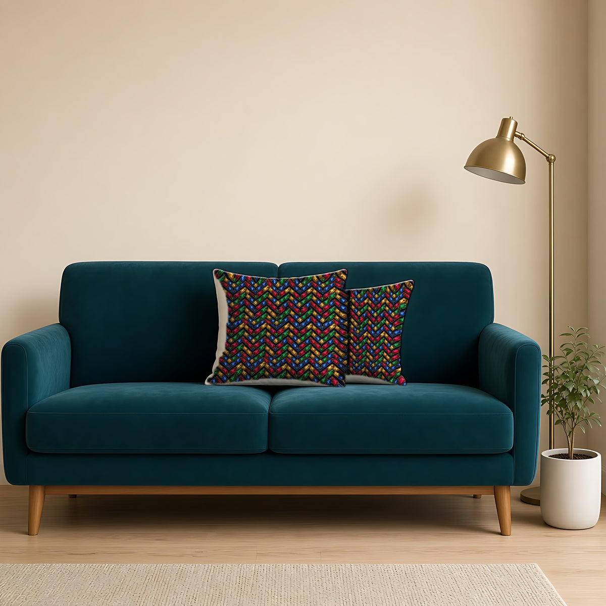 Cut-Gem Chevrons Faux Suede Cushion on a teal velvet sofa
