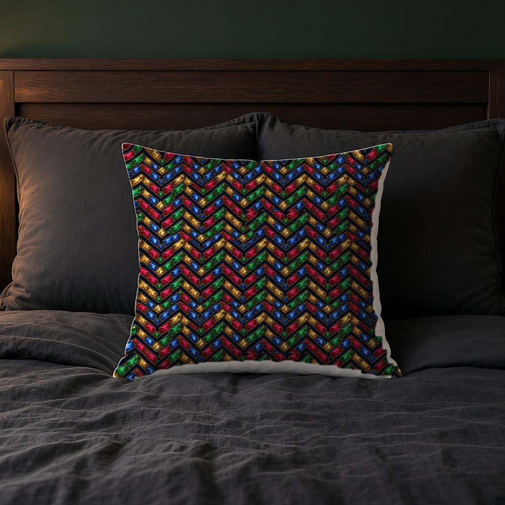 Cut-Gem Chevrons Faux Suede Cushion on a bed with charcoal bedding