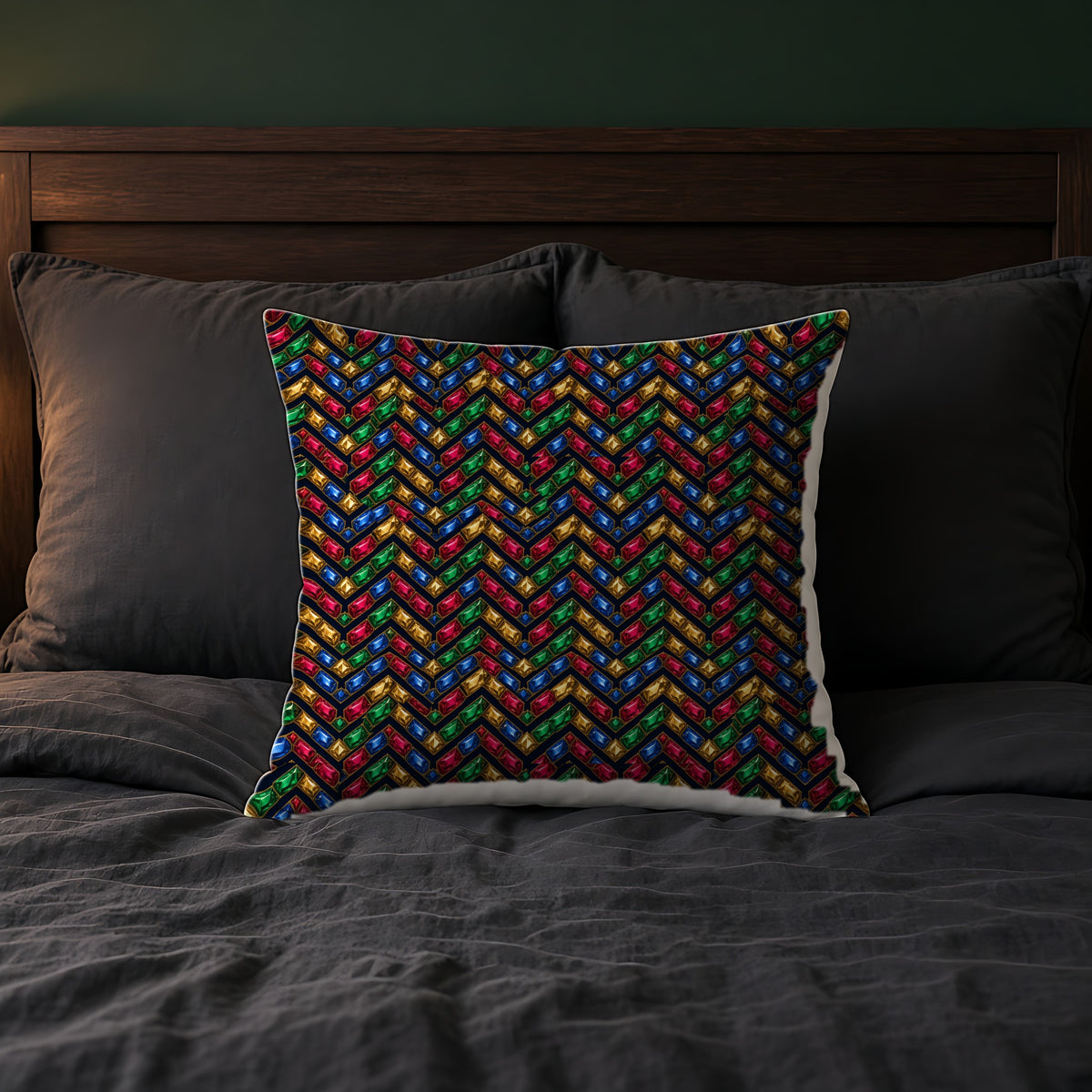 Cut-Gem Chevrons Faux Suede Cushion on a bed with charcoal bedding