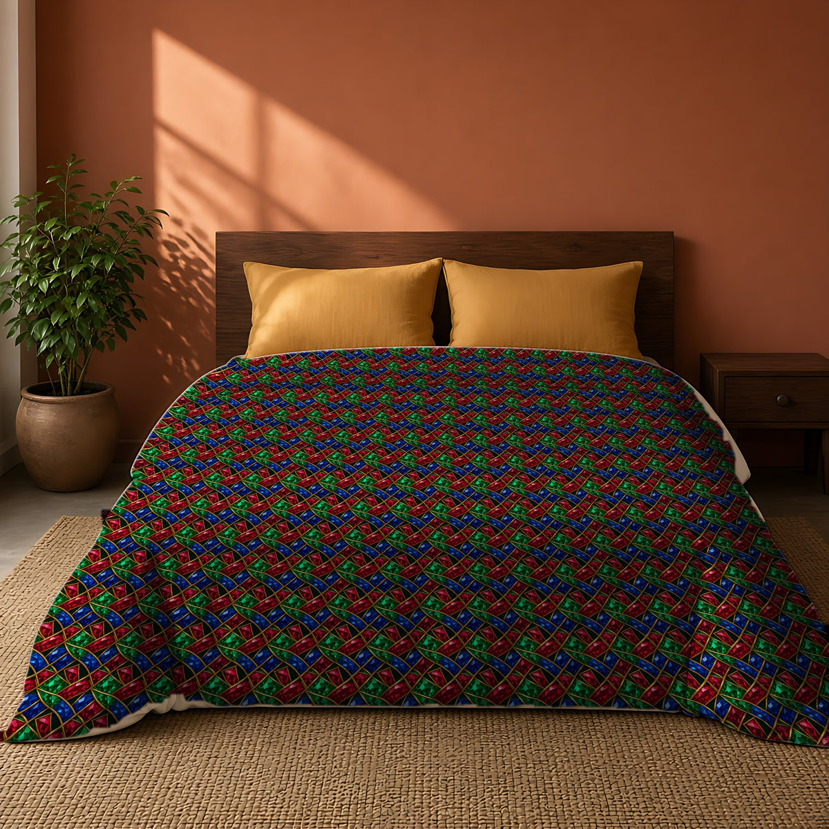 Jewel Prism Weave Comforter on a king bed against a warm terracotta wall