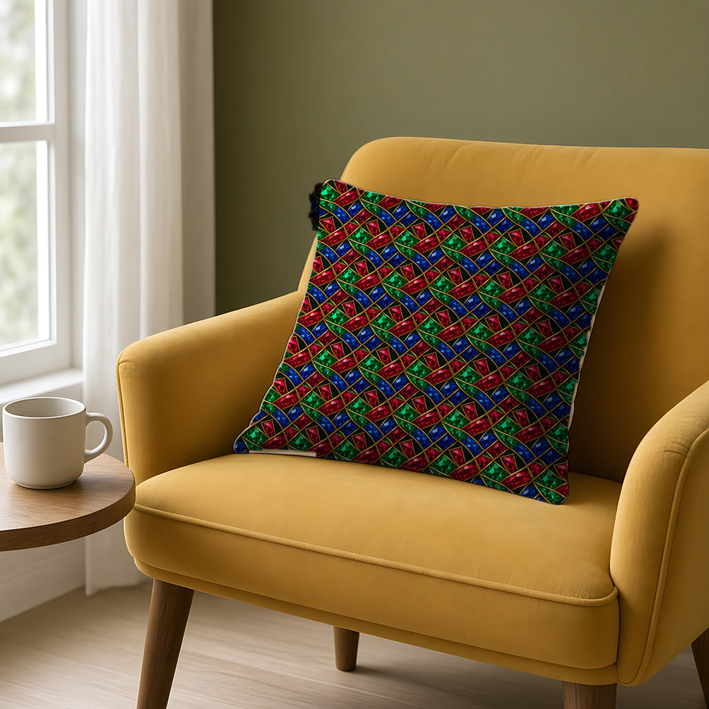 Jewel Prism Weave Faux Suede Cushion on a mustard armchair by a window
