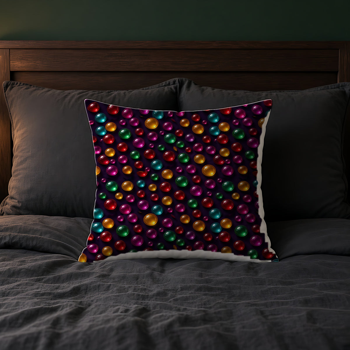Candy Glass Orbs Faux Suede Cushion on a bed with charcoal bedding
