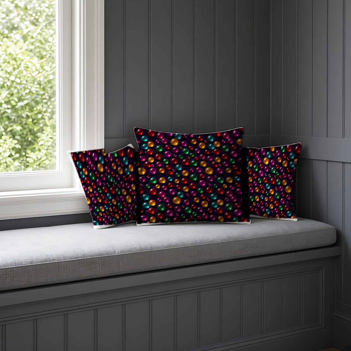 Candy Glass Orbs Faux Suede Cushion on a window seat