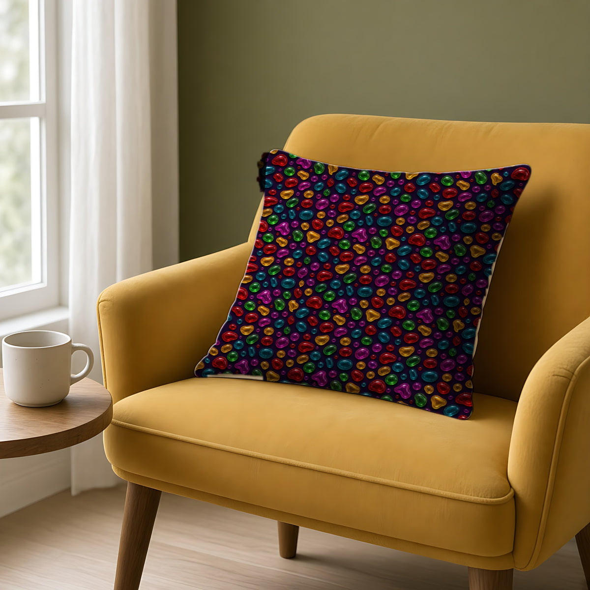 Jelly Glass Drops Faux Suede Cushion on a mustard armchair by a window