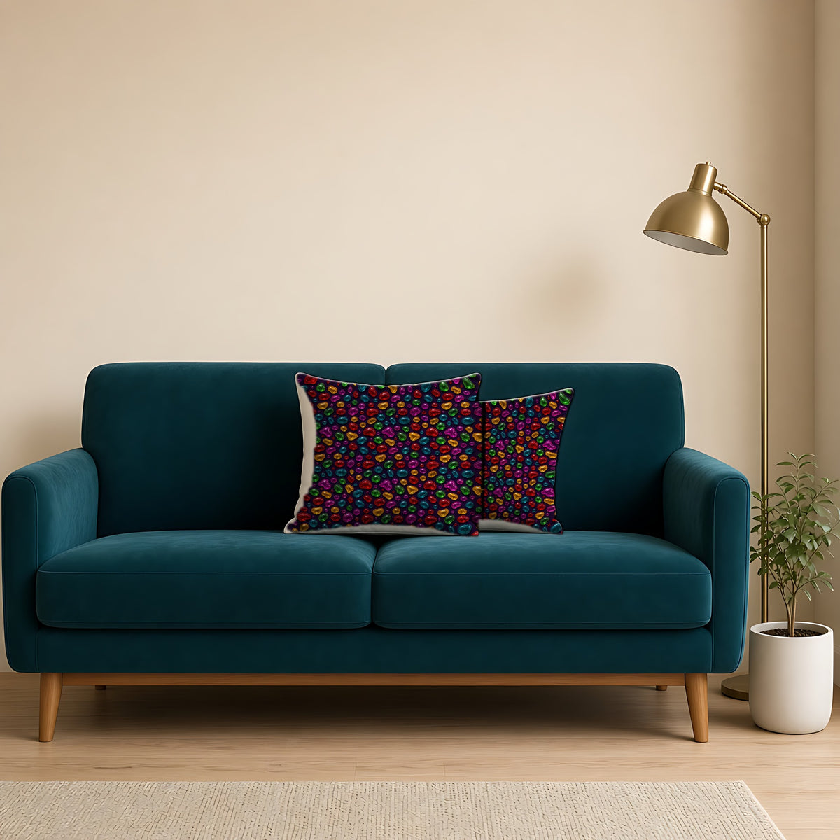 Jelly Glass Drops Faux Suede Cushion on a teal velvet sofa