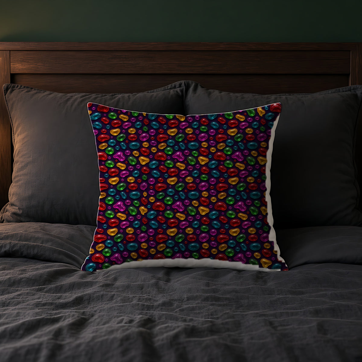 Jelly Glass Drops Faux Suede Cushion on a bed with charcoal bedding