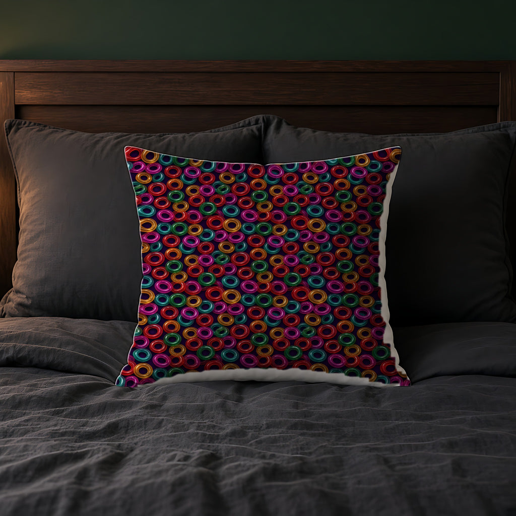 Glass Ring Scatter Faux Suede Cushion on a bed with charcoal bedding