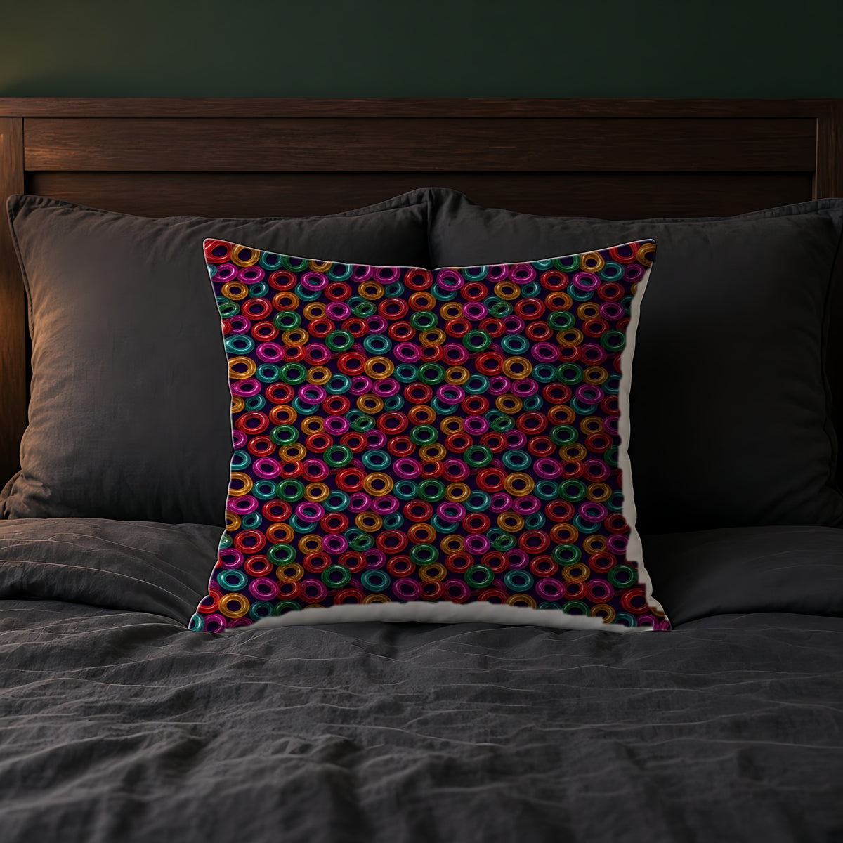 Glass Ring Scatter Faux Suede Cushion on a bed with charcoal bedding