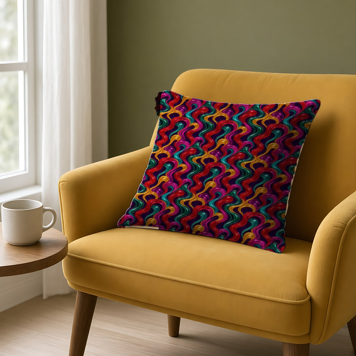 Molten Candy Ribbons Faux Suede Cushion on a mustard armchair by a window
