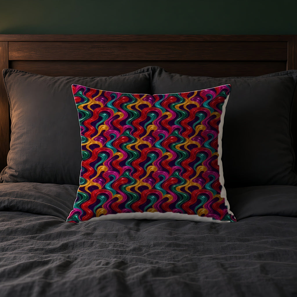 Molten Candy Ribbons Faux Suede Cushion on a bed with charcoal bedding