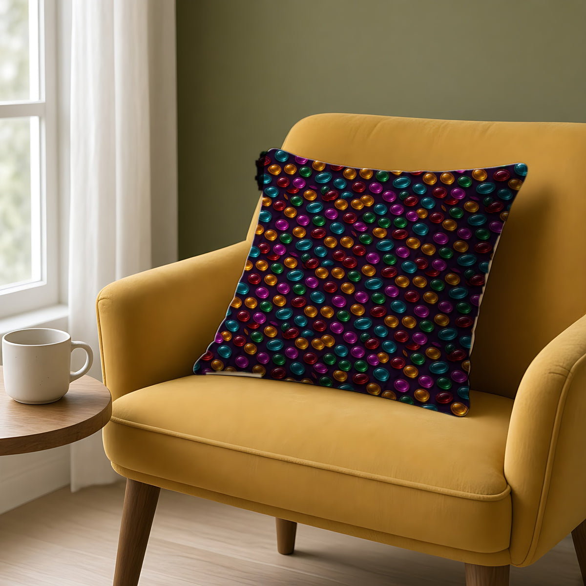 Glass Bead Rows Faux Suede Cushion on a mustard armchair by a window