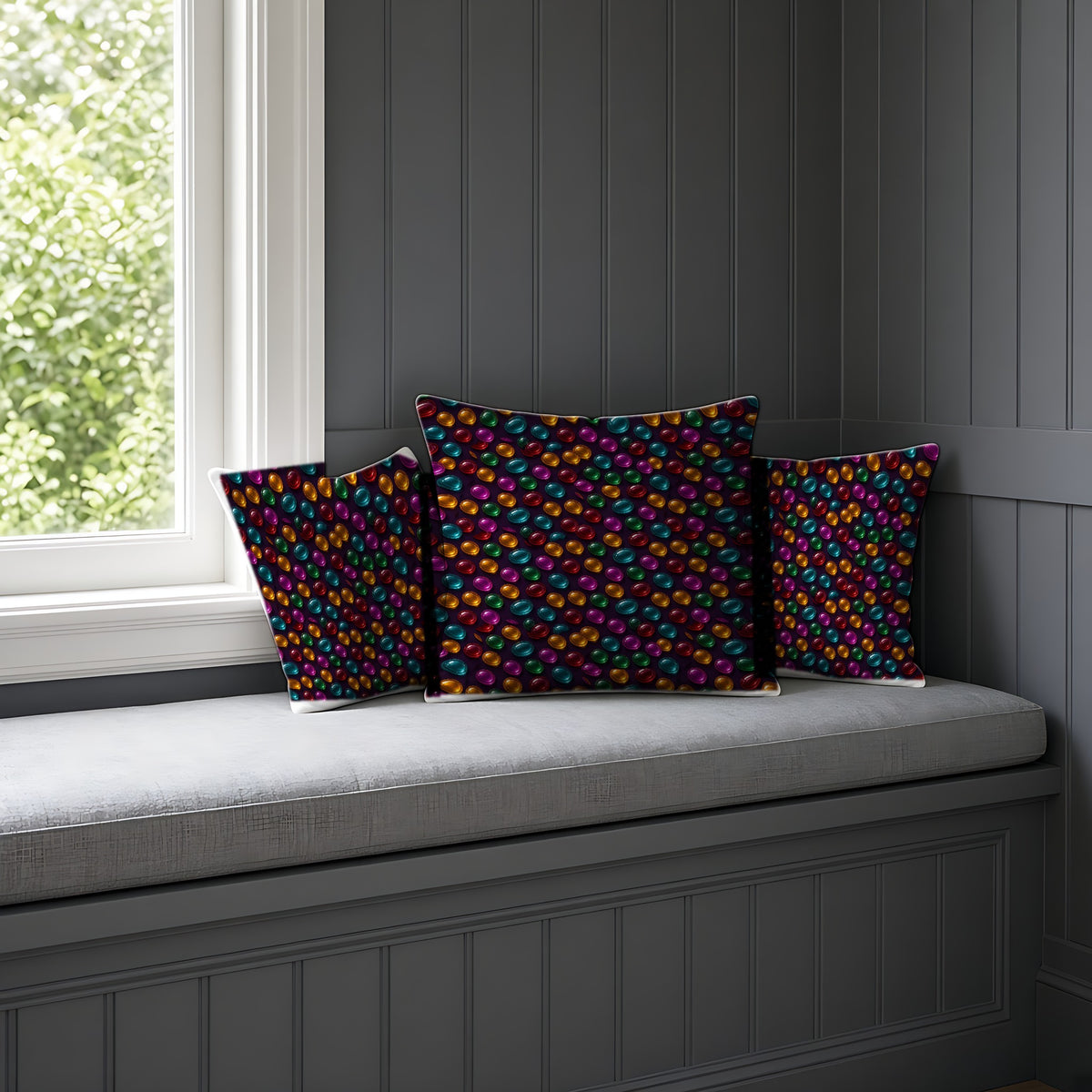 Glass Bead Rows Faux Suede Cushion on a window seat