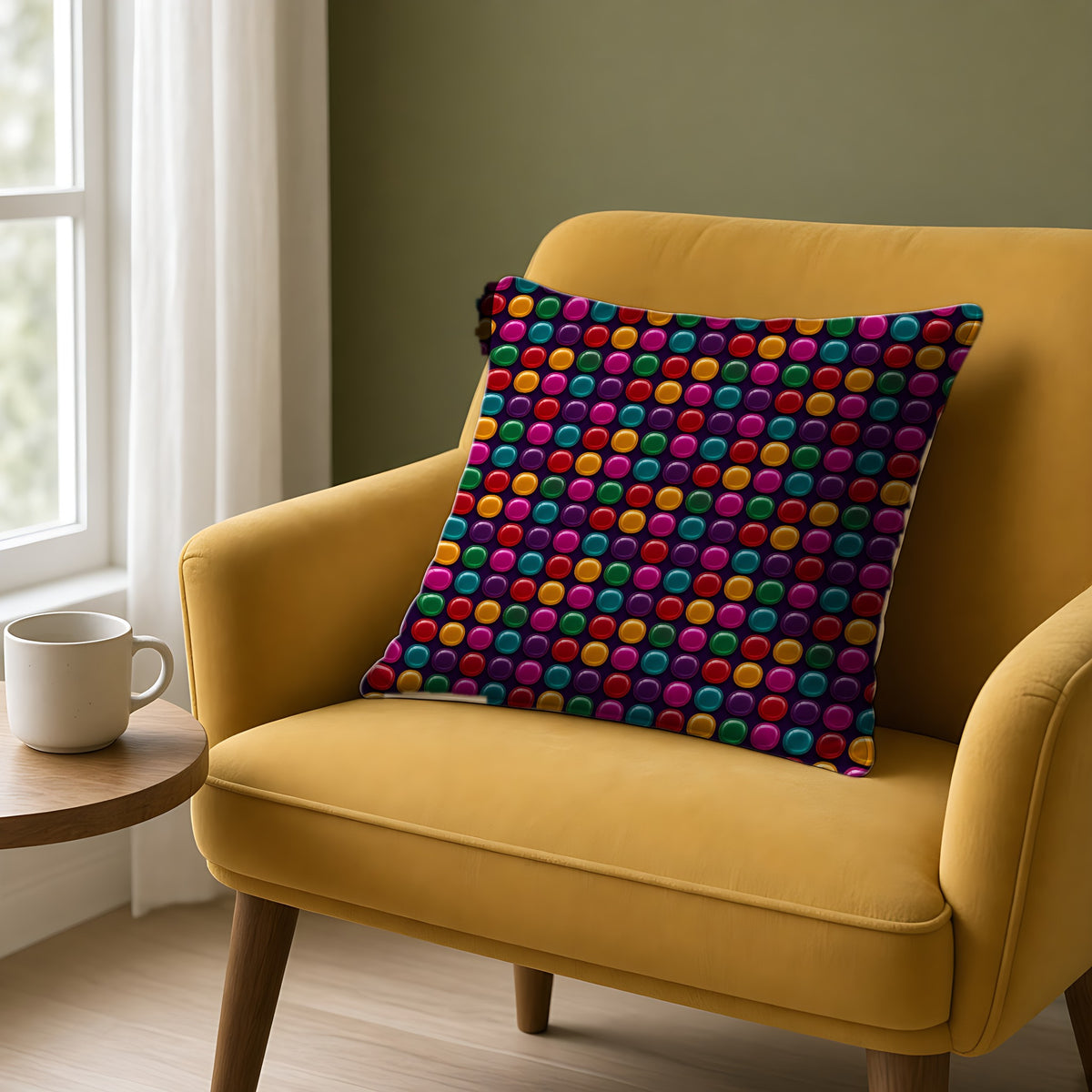 Puffy Glass Cushions Faux Suede Cushion on a mustard armchair by a window