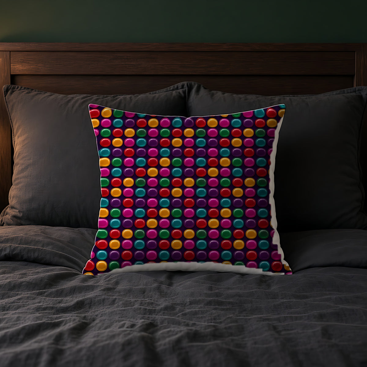 Puffy Glass Cushions Faux Suede Cushion on a bed with charcoal bedding