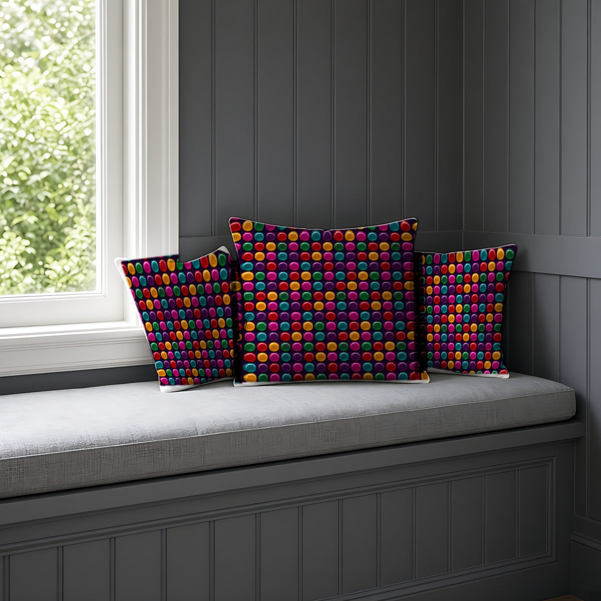 Puffy Glass Cushions Faux Suede Cushion on a window seat