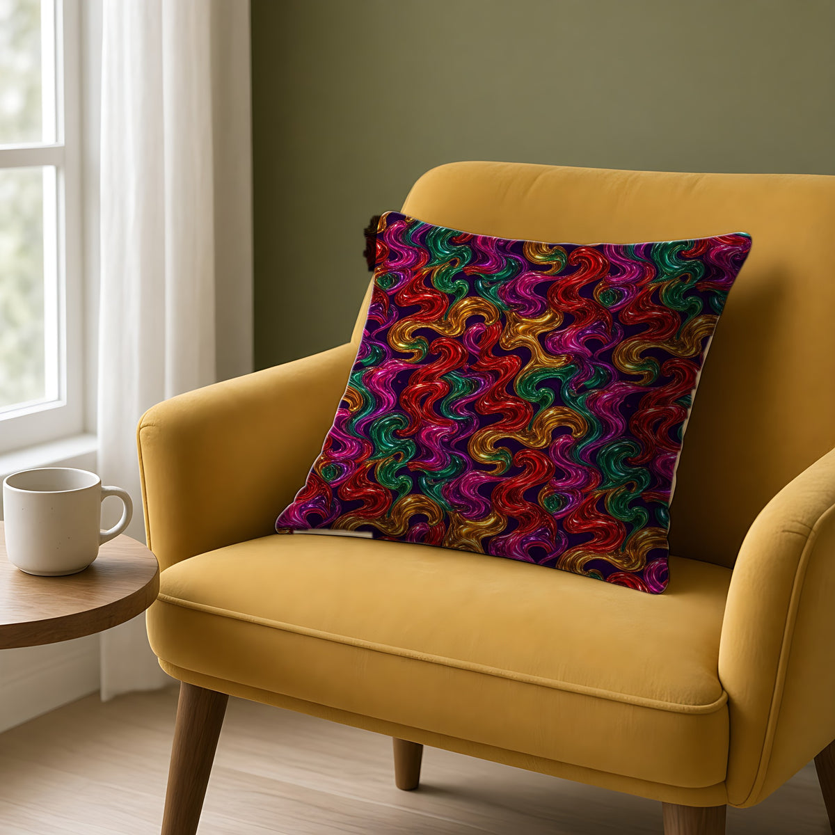 Melted Glass Swirl Faux Suede Cushion on a mustard armchair by a window