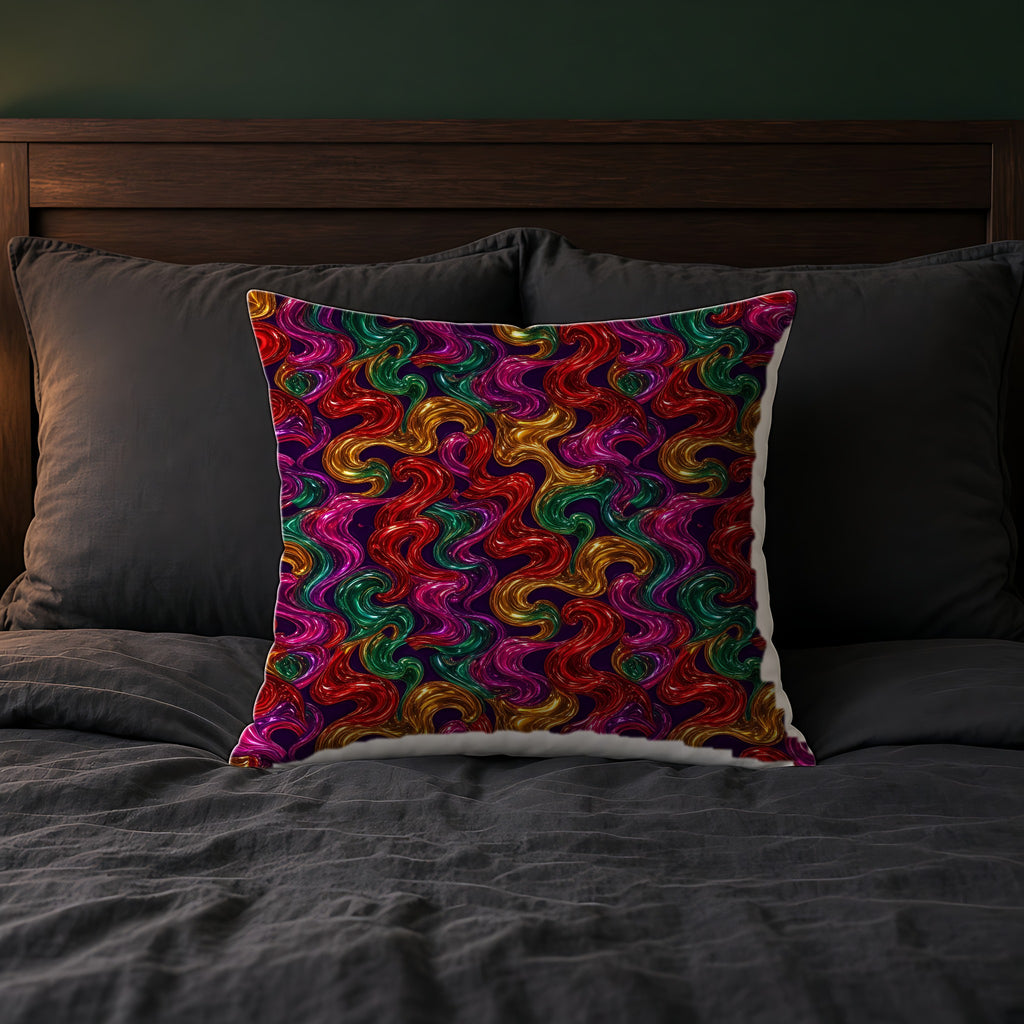 Melted Glass Swirl Faux Suede Cushion on a bed with charcoal bedding