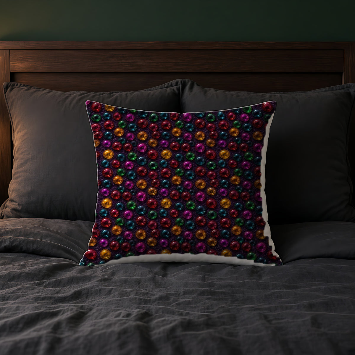 Mirror Glass Orbs Faux Suede Cushion on a bed with charcoal bedding