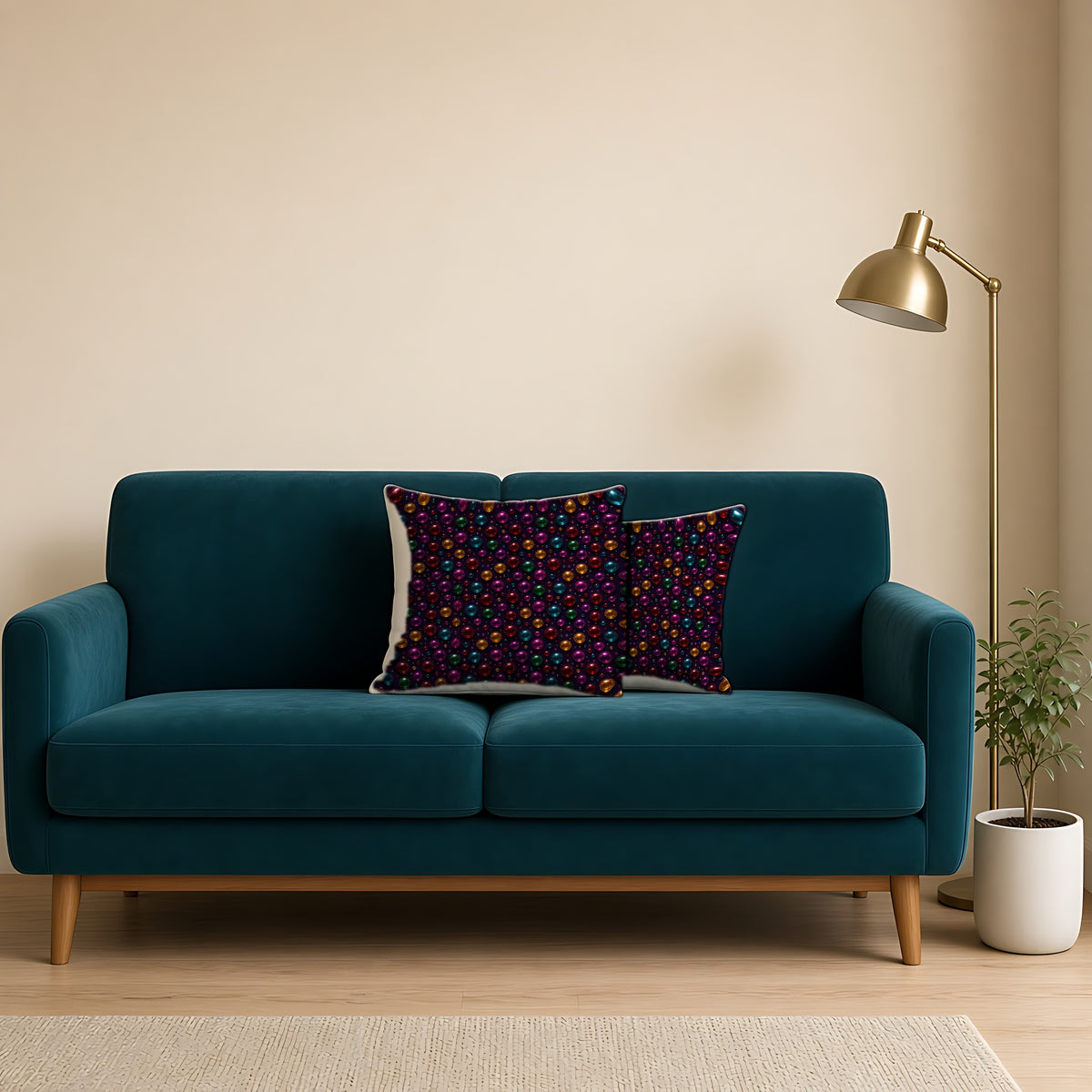 Gel Orb Confetti Faux Suede Cushion on a teal velvet sofa