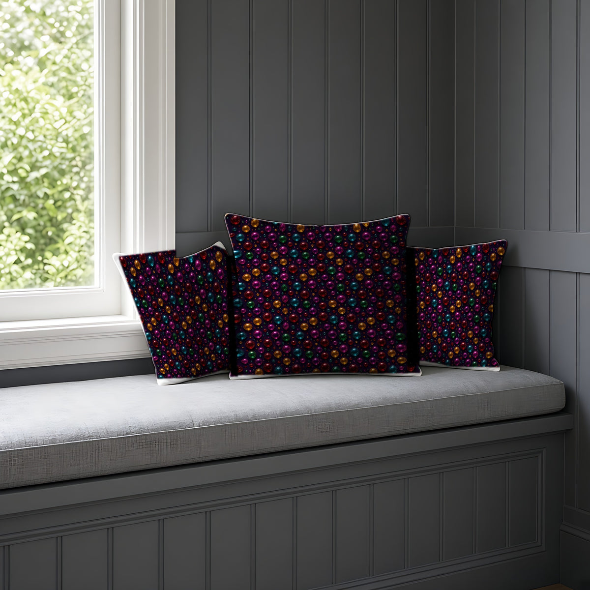 Gel Orb Confetti Faux Suede Cushion on a window seat