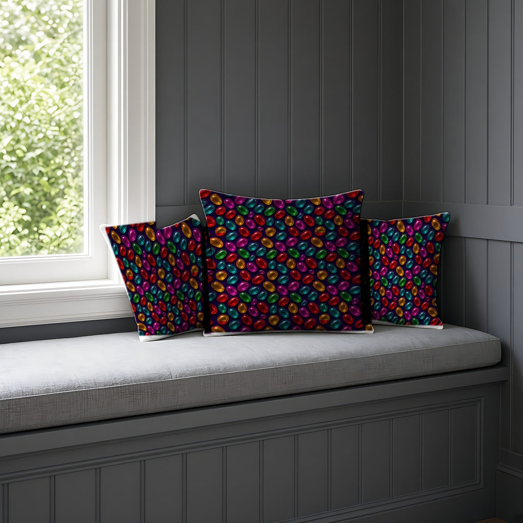 Glass Lozenge Toss Faux Suede Cushion on a window seat