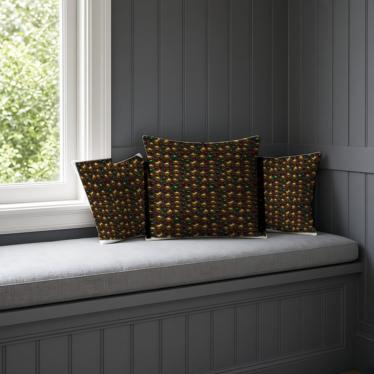 Gold Droplet Scatter Faux Suede Cushion on a window seat