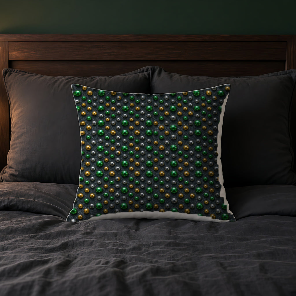 Emerald Silver Beads Faux Suede Cushion on a bed with charcoal bedding