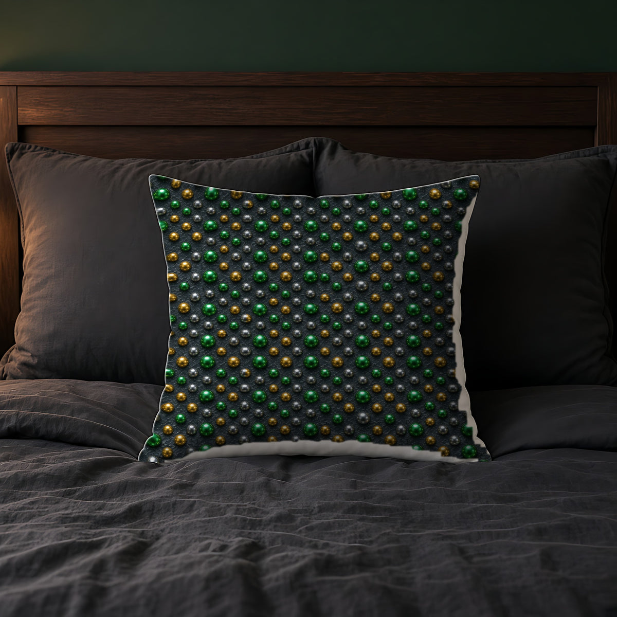 Emerald Silver Beads Faux Suede Cushion on a bed with charcoal bedding