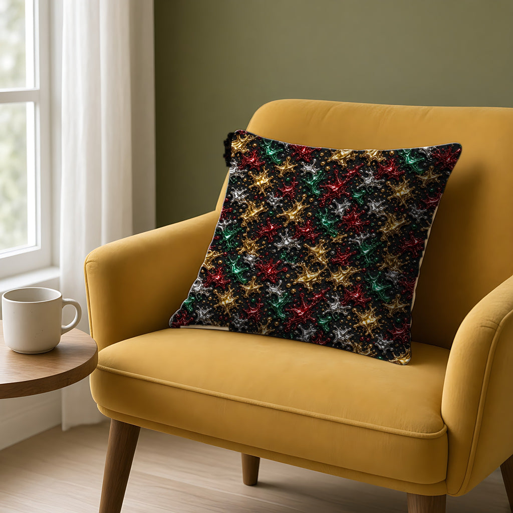 Chrome Splash Confetti Faux Suede Cushion on a mustard armchair by a window